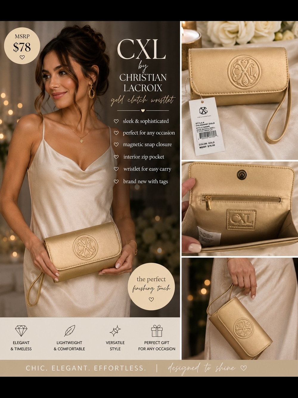 ✨ NWT CXL by Christian Lacroix Gold Metallic Clutch Wristlet Evening Bag Purse ✨